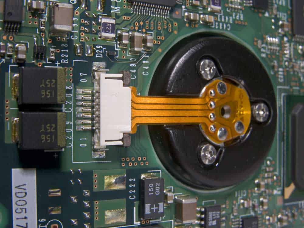 A flexible PCB connecting a hard drive