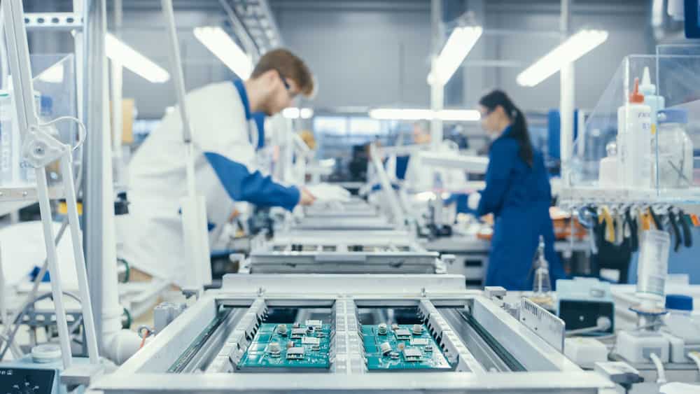 A PCB assembly line in a factory